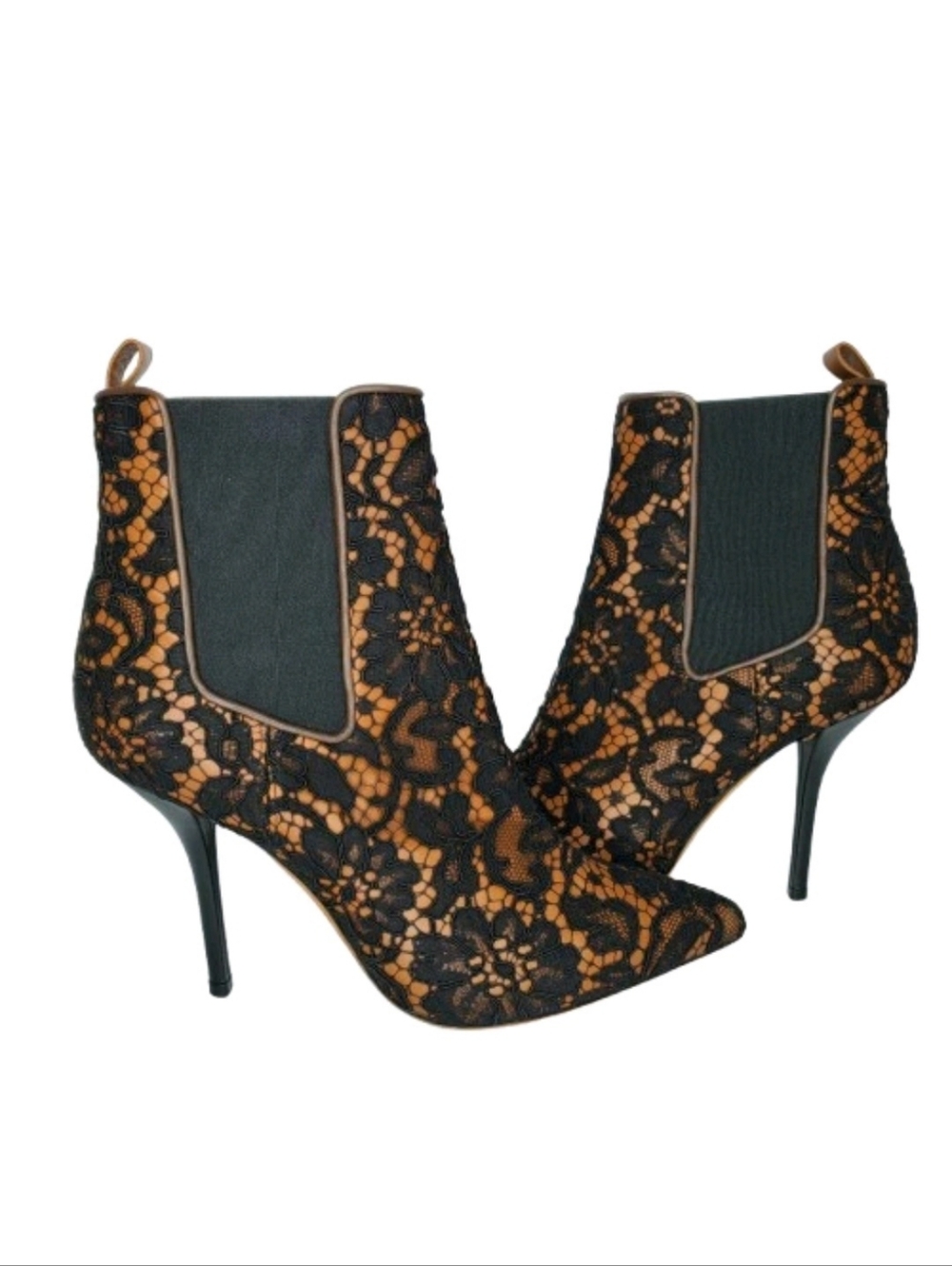 Givenchy Palma Black Lace & Caramel Leather Heeled Ankle Boots - Picture 5 of 8